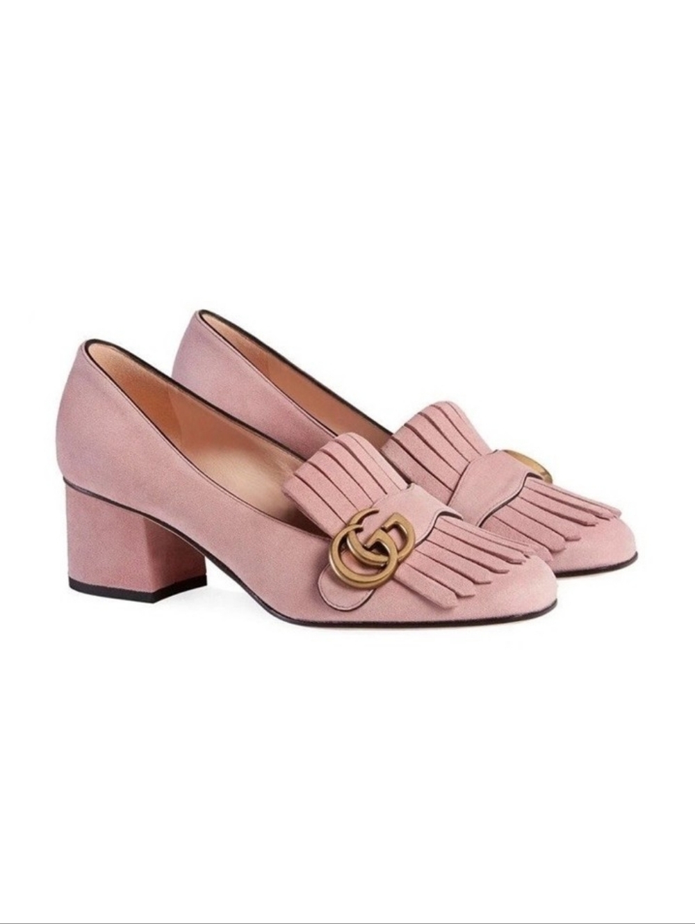 Gucci Pink Suede Fringe Block Heel Loafers with Gold Double-G